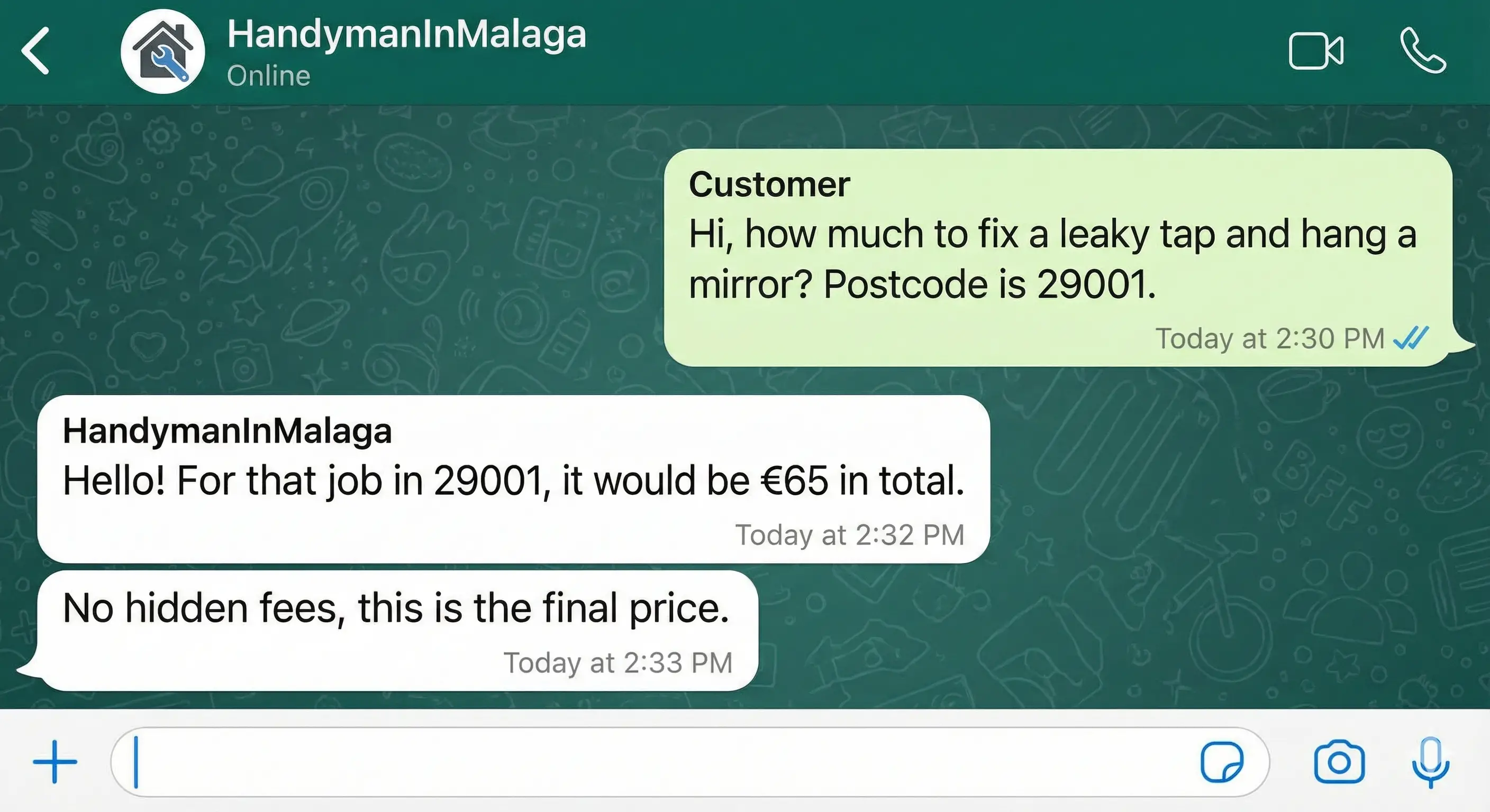 WhatsApp conversation showing transparent pricing and customer satisfaction